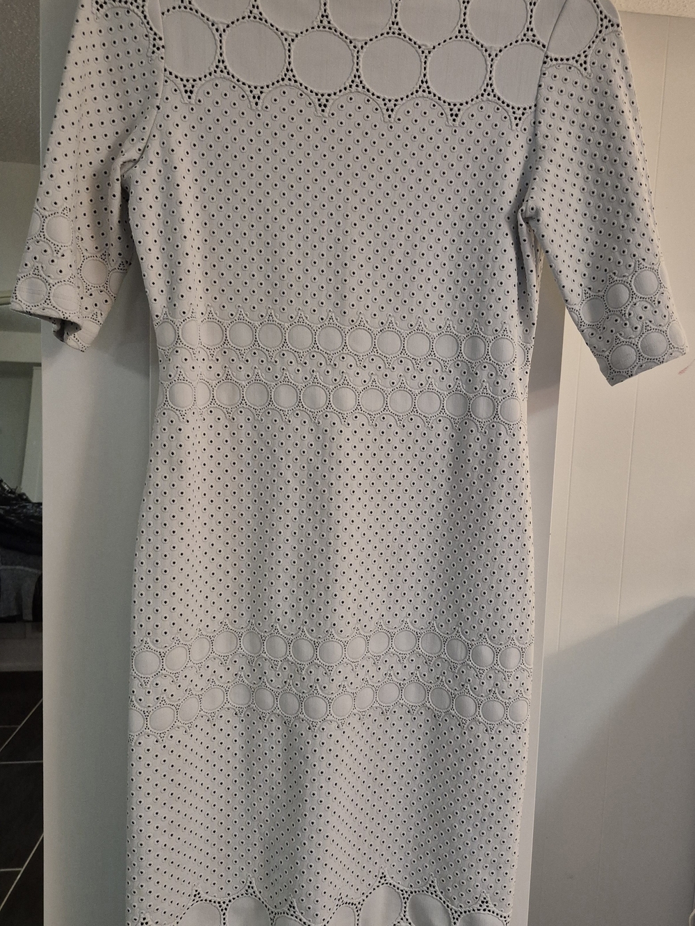 Joseph Ribkoff Light Gray Eyelet Midi Dress with Circular Cutouts